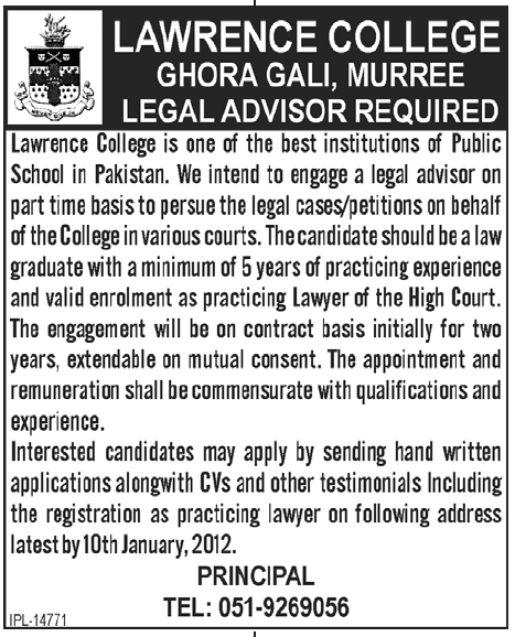 Lawrence College Ghora Gali Murree Required Legal Advisor