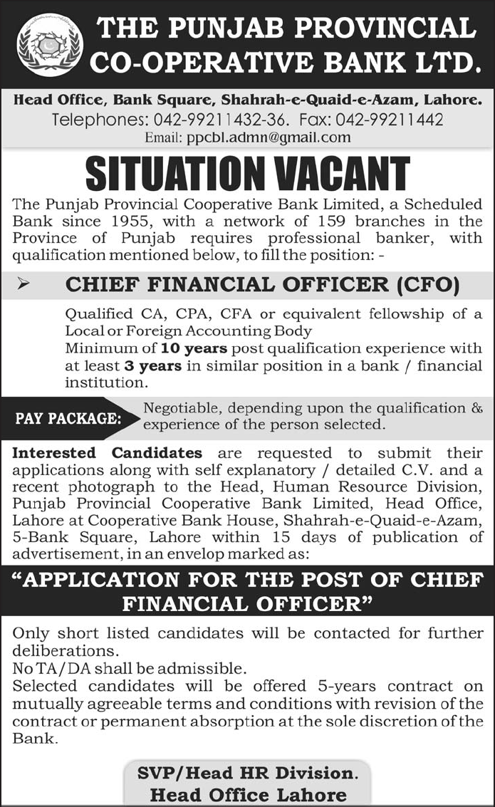 The Punjab Provincial Co-Operative Bank Ltd. Required the Services of Chief Financial Officer (CFO)
