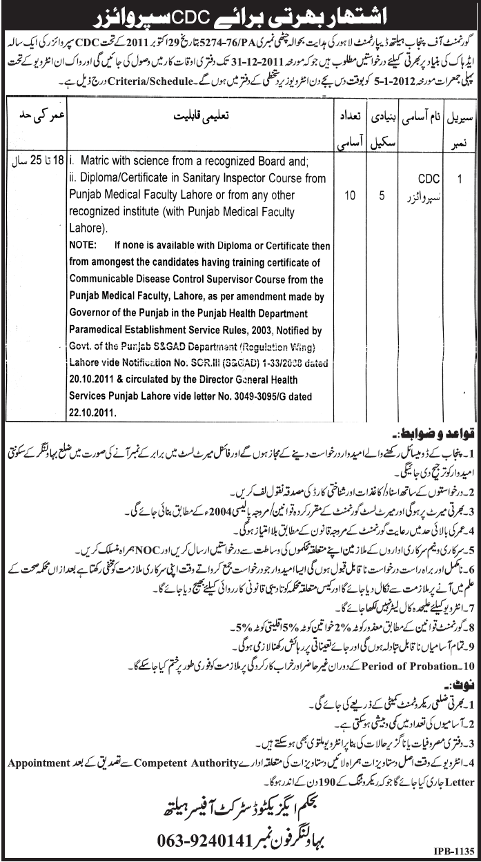 Government of the Punjab Health Department Lahore Required CDC Supervisors