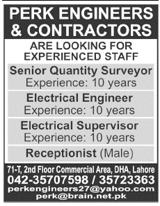 Perk Engineers and Constructors Lahore Required Staff