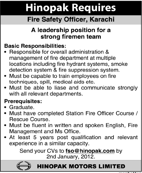 Hinopak Required Fire Safety Officer for Karachi