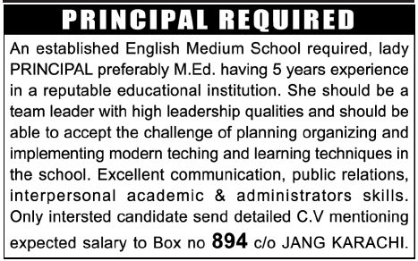 Principal Required by an English Medium School in Karachi