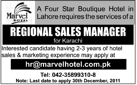 Marvel Hotel Required the Services of Regional Sales Manager for Karachi