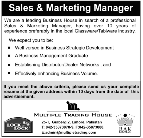 Multiple Trading House Lahore Required Sales and Marketing Manager
