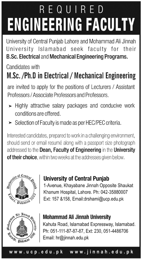 University of Central Punjab Lahore and Mohammad Ali Jinaah University Islamabad Required Faculty