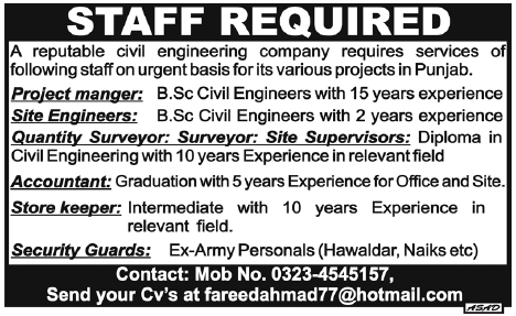 Civil Engineering Company Required Staff for Lahore