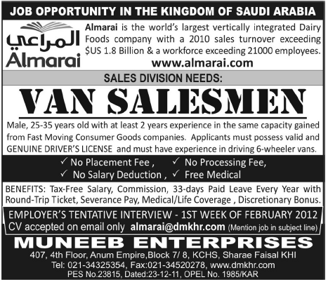 Van Salesmen Required for Saudi Arabia