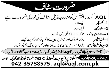 Staff Required by a Private Limited Company in Lahore