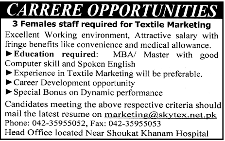 Female Staff Required for Textile Marketing in Lahore