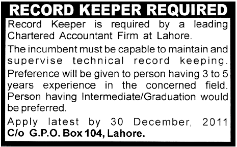 Chartered Accountant Firm in Lahore Required Record Keeper