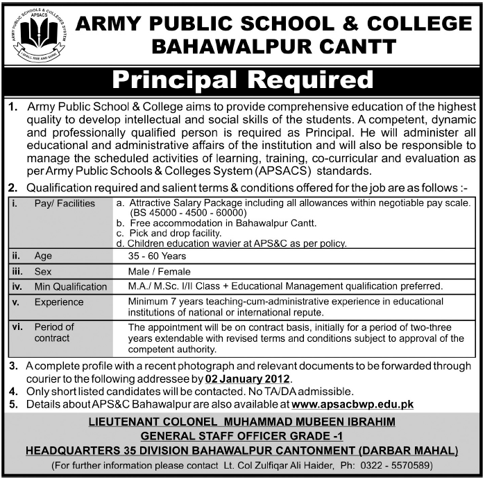 Army Public School & College Bahawalpur Cantt Required Principal