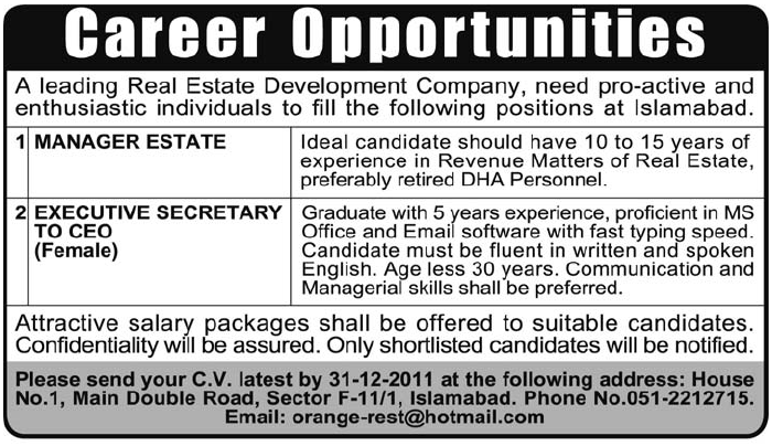 Manager Estate and Executive Secretary Required by a Real Estate Development Company in Islamabad