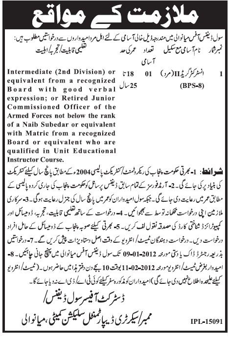 Civil Defence Office Mianwali Required Instructor Grade II