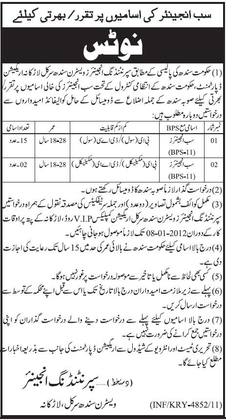 Sub Engineers Required by Government of Sindh
