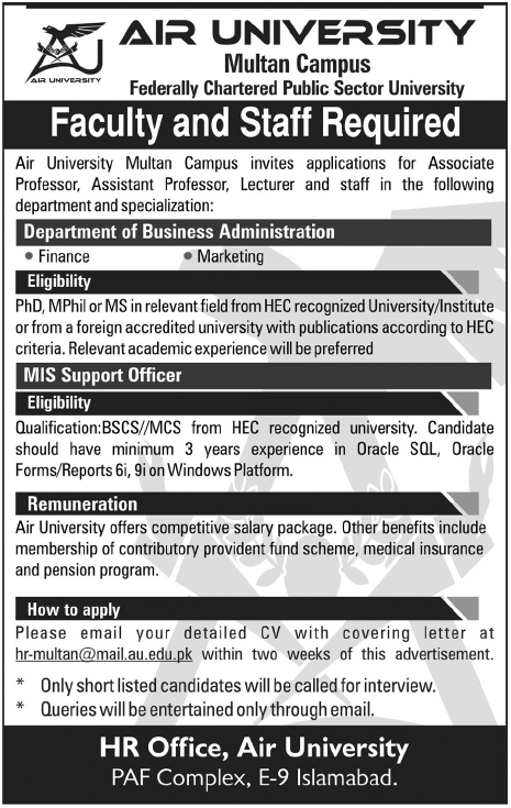 AIR University Multan Required Faculty and Staff