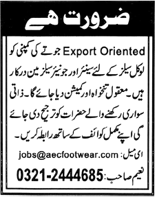 Senior and Junior Salesmen Required by an Export Oriented Shoes Company