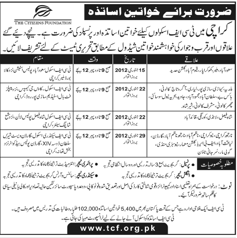 The Citizens Foundation Karachi Required Principal and Female Teachers