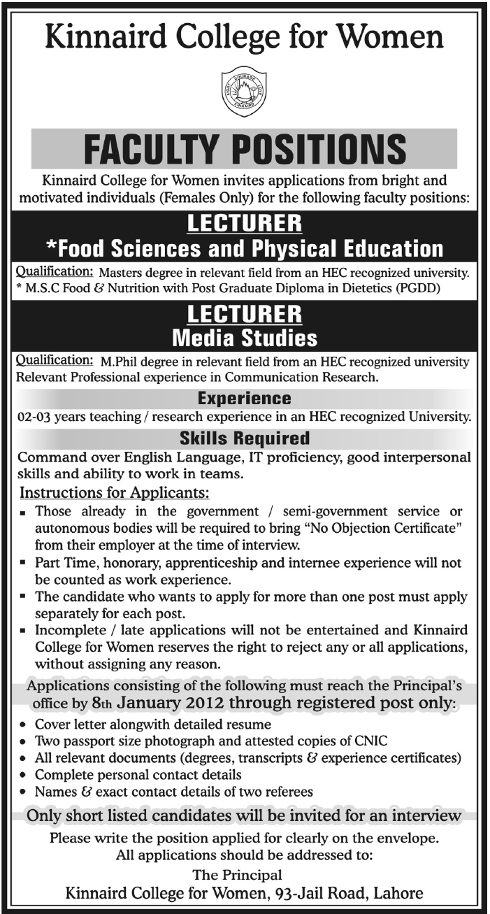 Kinnaird College for Women Lahore Required Lecturers