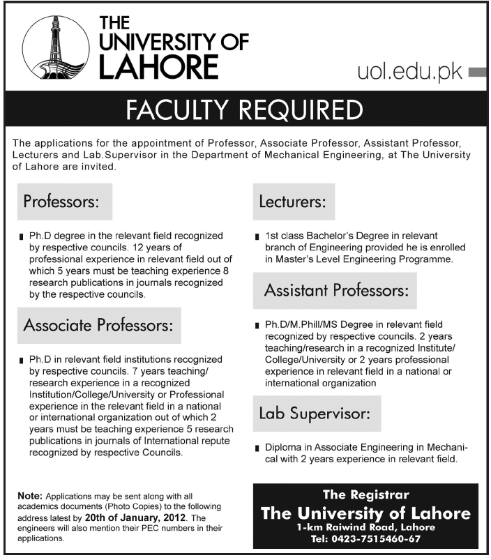 The University of Lahore Required Faculty