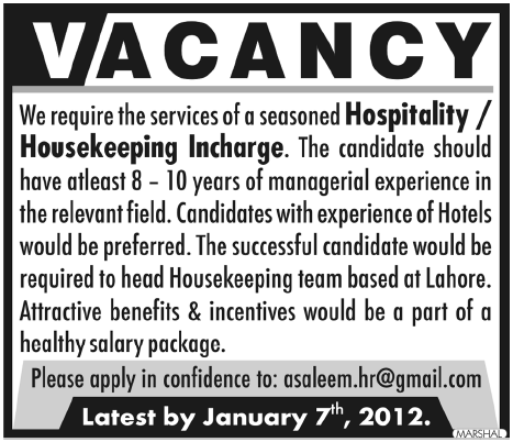 Housing Incharge Required in Lahore