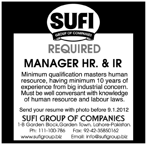 Sufi Group of Companies Required Manager HR & IR