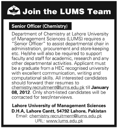 Senior Officer (Chemistry) Required by LUMS