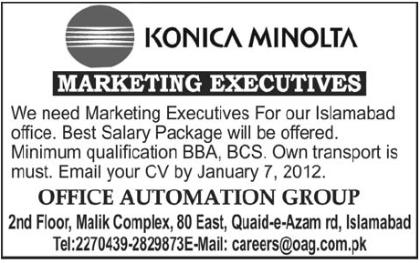 Konica Minolta Required Marketing Executives for Islamabad