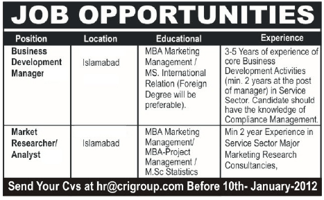 CRI Group Islamabad Required Business Development Manager and Market Researcher/Analyst