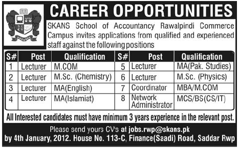SKANS School of Accountancy Rawalpindi Required Lecturers