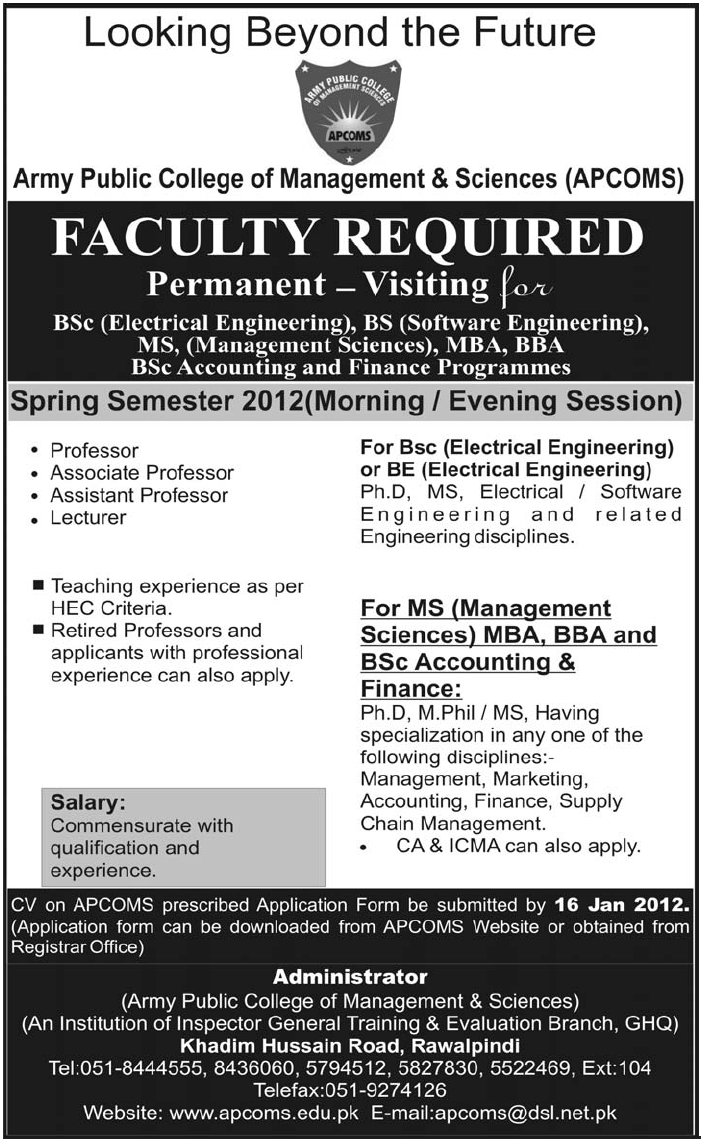 Army Public College of Management & Sciences (APCOMS) Rawalpindi Required Faculty