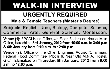 Teachers Required in Islamabad and Karachi