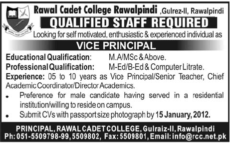 Rawal Cadet College Rawalpindi Required the Service of Vice Principal