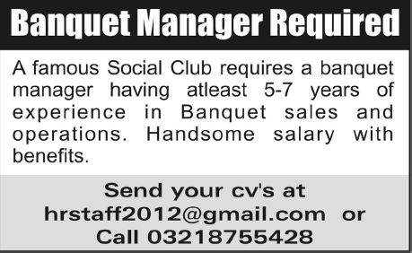 Banquet Manager Required by Social Club