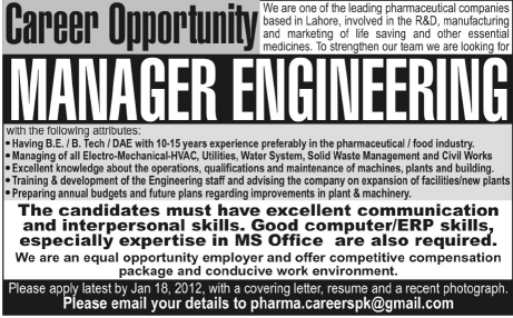Manager Engineering Required by a Pharmaceutical Company