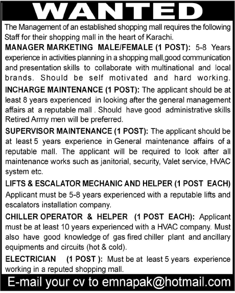 Staff Required by a Shopping Mall Management in Karachi