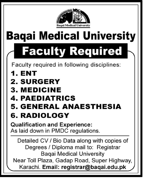 Baqai Medical University Required Faculty
