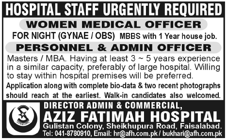Aziz Fatimah Hospital, Faisalabad Required Staff