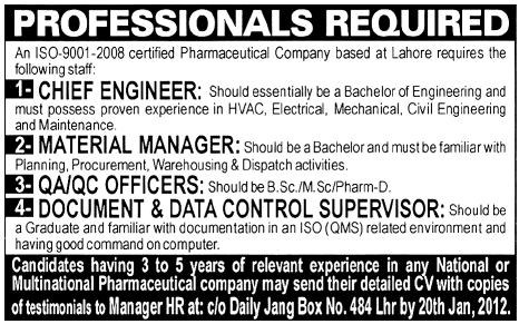 Pharmaceutical Company in Lahore Required Professionals