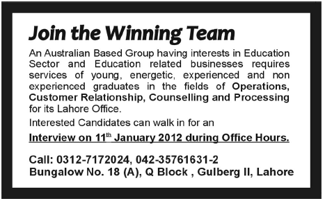 An Australian Based Group Required Staff for Lahore