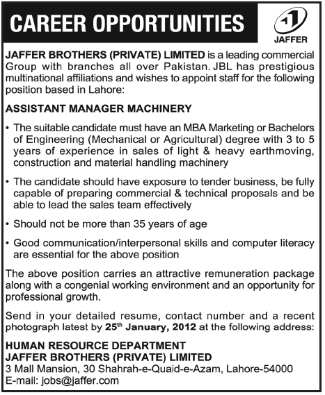 Jaffer Brothers Private Limited Required the Services of Assistant Manager Machinery