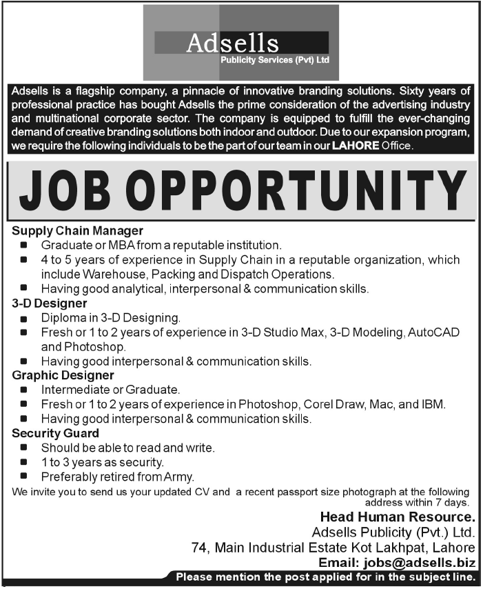 Adsells Publicity Pvt. Ltd Lahore Required Staff