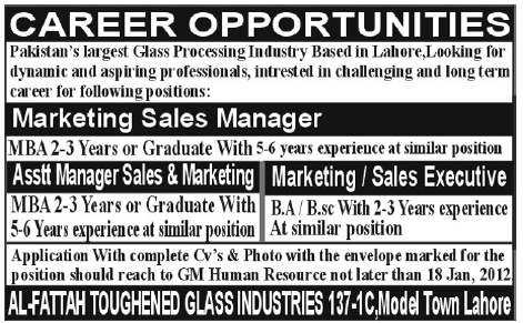 Al-Fattah Toughened Glass Industries, Lahore Required Staff