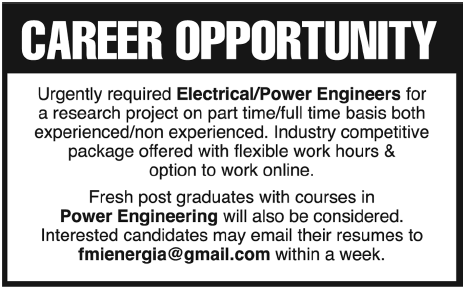 Electrical/Power Engineers Required by a Company