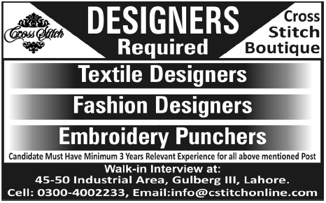 Cross Stitch Boutique Lahore Required Designers
