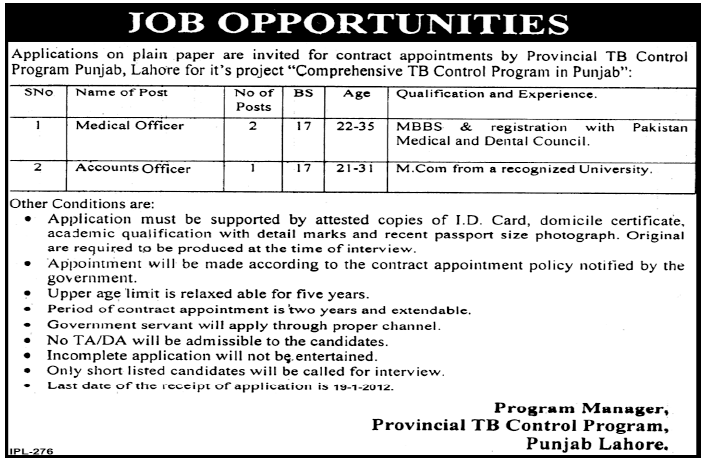 Provincial TB Control Program, Lahore Jobs Opportunity