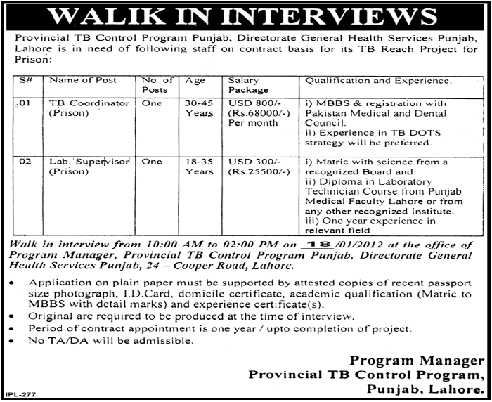 Provincial TB Control Program, Lahore Required TB Coordinator and Lab Supervisor