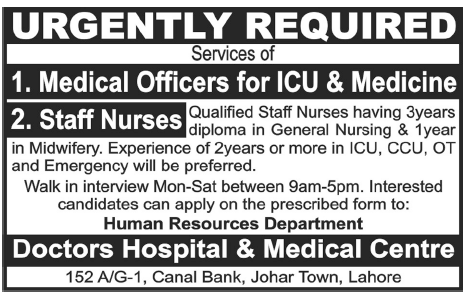 Doctors Hospital & Medical Centre Lahore Required Medical Officers and Staff Nurses