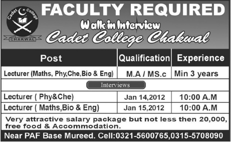 Cadet College Chakwal Required Faculty