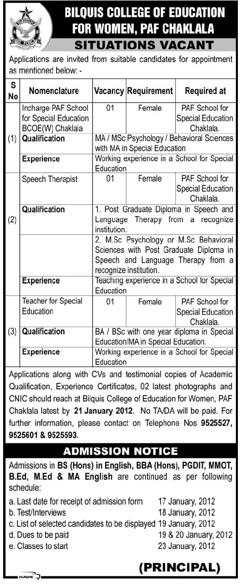 Bilquis College of Education For Women, PAF Chaklala Jobs Opportunity