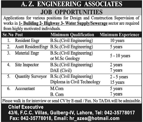 A.Z Engineering Associates, Lahore Jobs Opportunity